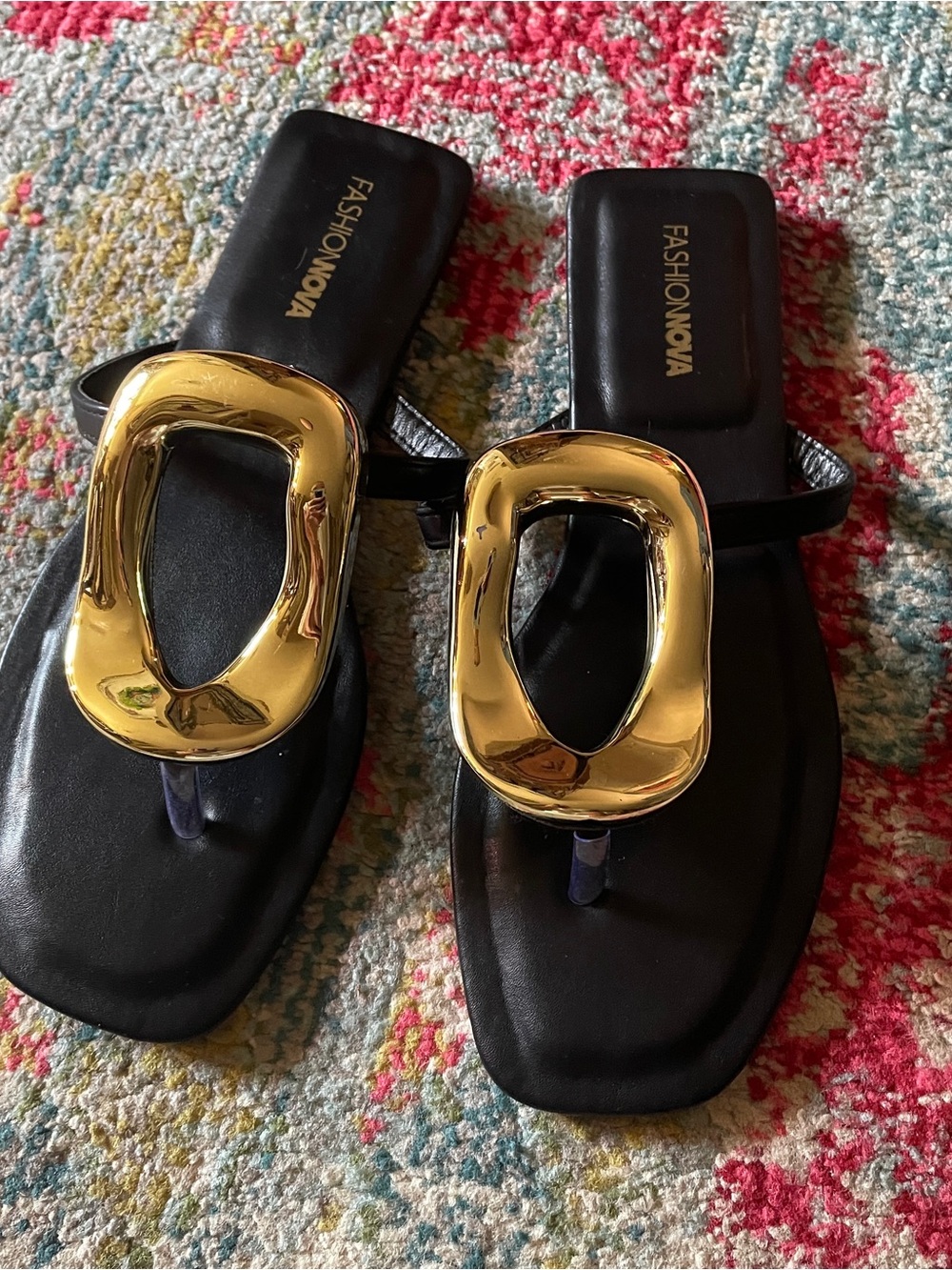 Fashion Nova Black Sandals with Gold Buckle